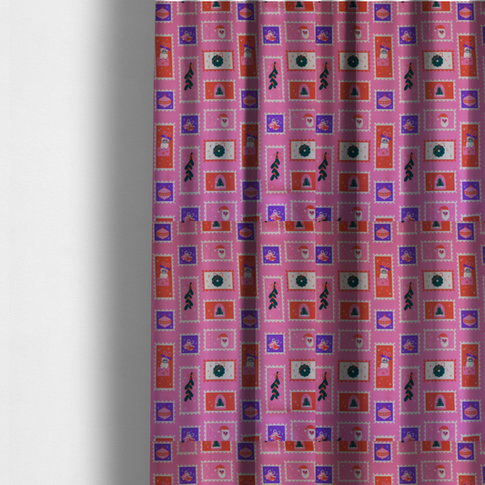 Retro Pink Festive Mini Stamps Holiday Upholstery Fabric DP-69 - Made To Measure Curtains