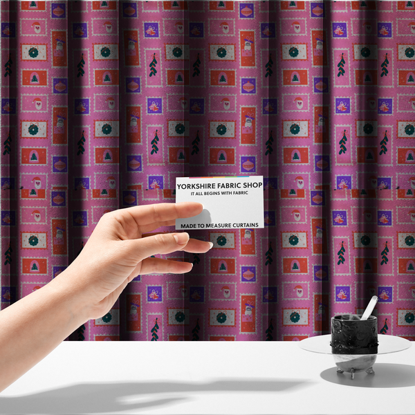 Retro Pink Festive Mini Stamps Holiday Upholstery Fabric DP-69 - Made To Measure Curtains