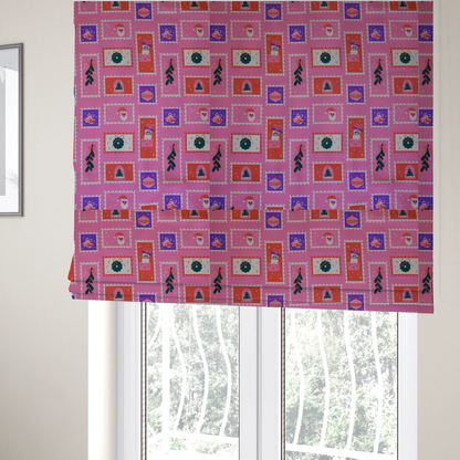 Retro Pink Festive Mini Stamps Holiday Upholstery Fabric DP-69 - Roman Blinds