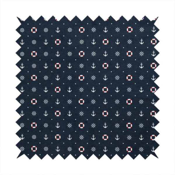 The pattern features a nautical-themed design consisting of alternating rows and grids of white anchors, ship's steering wheels, and red-and-white lifebuoys, accented by small white polka dots.