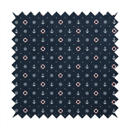The pattern features a nautical-themed design consisting of alternating rows and grids of white anchors, ship's steering wheels, and red-and-white lifebuoys, accented by small white polka dots.