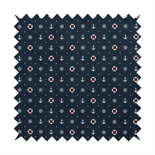 The pattern features a nautical-themed design consisting of alternating rows and grids of white anchors, ship's steering wheels, and red-and-white lifebuoys, accented by small white polka dots.