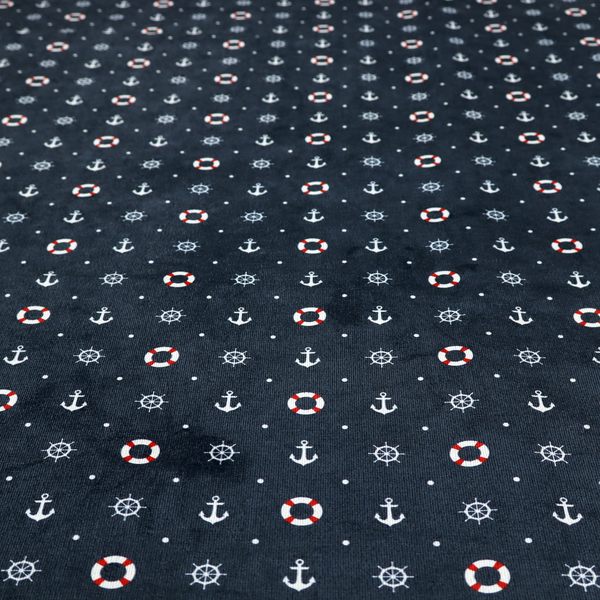 The pattern features a nautical-themed design consisting of alternating rows and grids of white anchors, ship's steering wheels, and red-and-white lifebuoys, accented by small white polka dots.