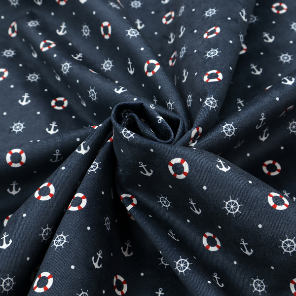 The pattern features a nautical-themed design consisting of alternating rows and grids of white anchors, ship's steering wheels, and red-and-white lifebuoys, accented by small white polka dots.