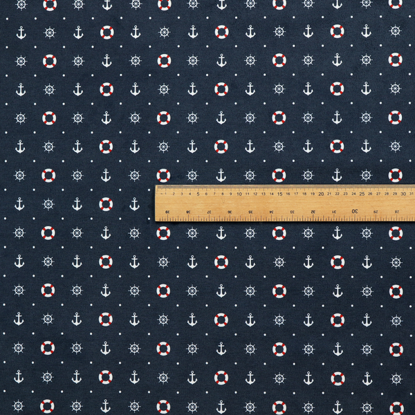 The pattern features a nautical-themed design consisting of alternating rows and grids of white anchors, ship's steering wheels, and red-and-white lifebuoys, accented by small white polka dots.