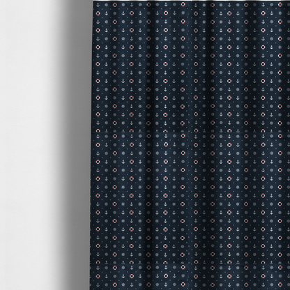 The fabric used to create these made-to-measure curtains is a pattern features a nautical-themed design consisting of alternating rows and grids of white anchors, ship's steering wheels, and red-and-white lifebuoys, accented by small white polka dots.