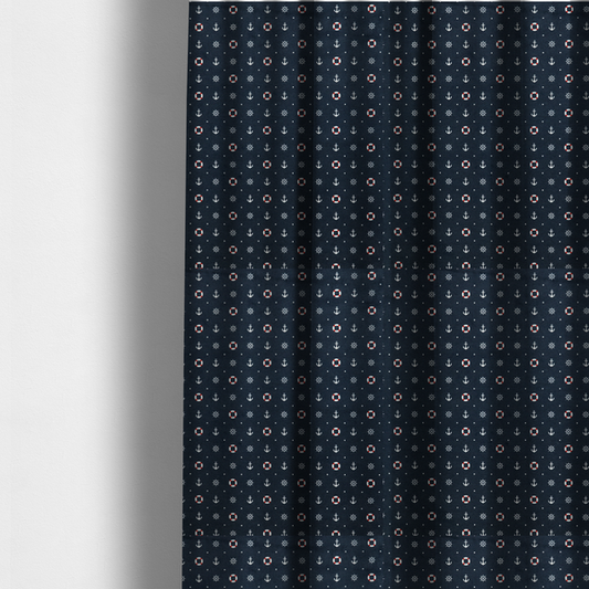The fabric used to create these made-to-measure curtains is a pattern features a nautical-themed design consisting of alternating rows and grids of white anchors, ship's steering wheels, and red-and-white lifebuoys, accented by small white polka dots.