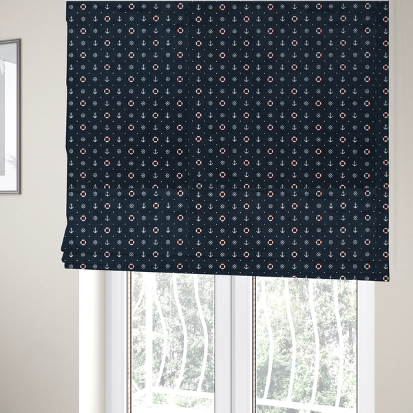 The fabric used to create these Roman blinds is a  pattern features a nautical-themed design consisting of alternating rows and grids of white anchors, ship's steering wheels, and red-and-white lifebuoys, accented by small white polka dots.