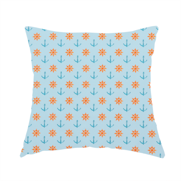 The fabric used to create this handmade cushion is a pattern features a nautical-themed design consisting of alternating rows of ship's steering wheels and small anchors.
