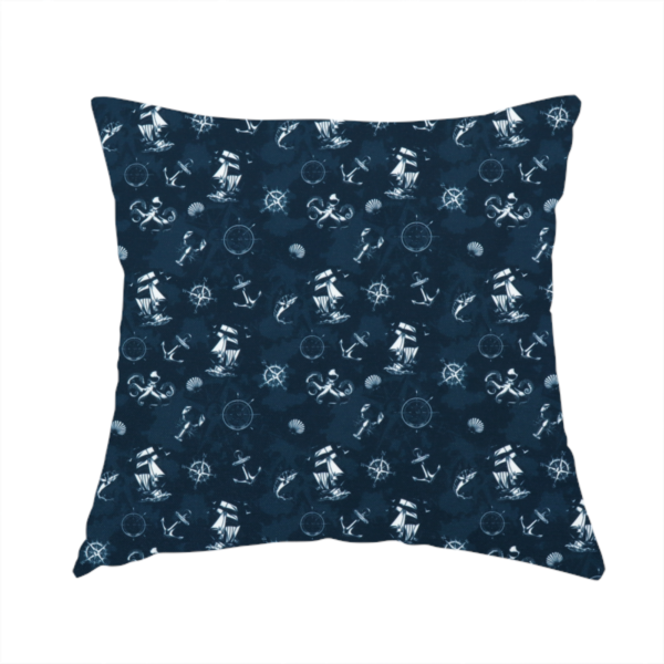 The fabric used to create this handmade cushion is a pattern features a detailed nautical theme including sailing ships, octopuses, anchors, compasses, seashells, and lobsters.