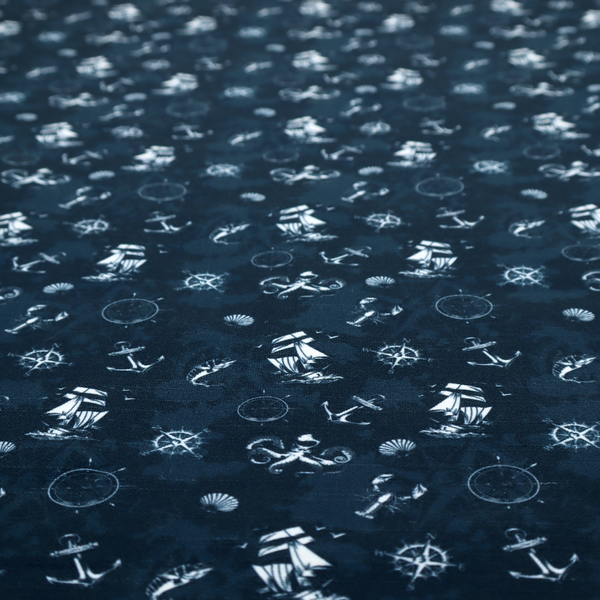 The pattern features a detailed nautical theme including sailing ships, octopuses, anchors, compasses, seashells, and lobsters.