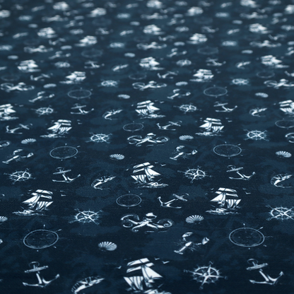 The pattern features a detailed nautical theme including sailing ships, octopuses, anchors, compasses, seashells, and lobsters.