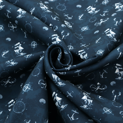 The pattern features a detailed nautical theme including sailing ships, octopuses, anchors, compasses, seashells, and lobsters.