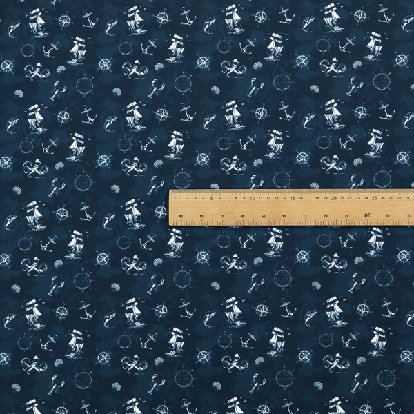 The pattern features a detailed nautical theme including sailing ships, octopuses, anchors, compasses, seashells, and lobsters.