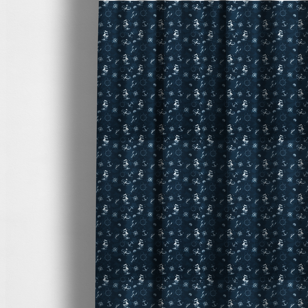 the fabric used to create these made-to-measure curtains is a pattern features a detailed nautical theme including sailing ships, octopuses, anchors, compasses, seashells, and lobsters.