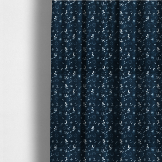the fabric used to create these made-to-measure curtains is a pattern features a detailed nautical theme including sailing ships, octopuses, anchors, compasses, seashells, and lobsters.