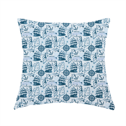 The fabric used to create this handmade cushion is a pattern features a dense nautical collage consisting of sailing ships, maps or landmasses, compass roses, anchors, lighthouses, and cursive typography with words like "Sailing," "Ocean," "Nautical," and "Sailor Spirit."