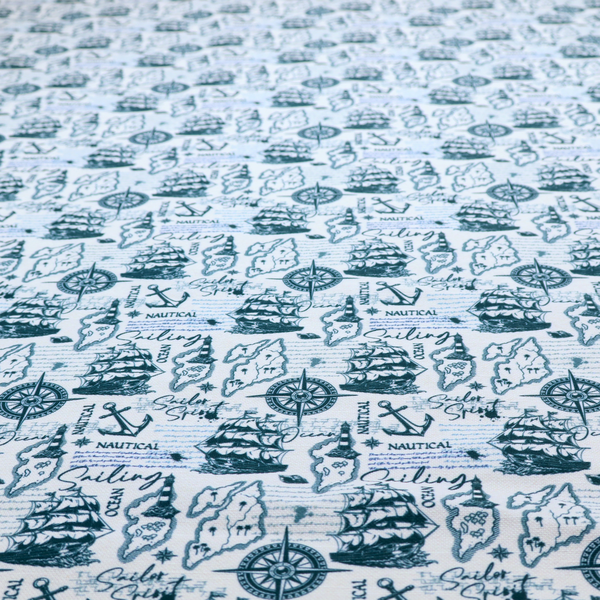 The pattern features a dense nautical collage consisting of sailing ships, maps or landmasses, compass roses, anchors, lighthouses, and cursive typography with words like "Sailing," "Ocean," "Nautical," and "Sailor Spirit."