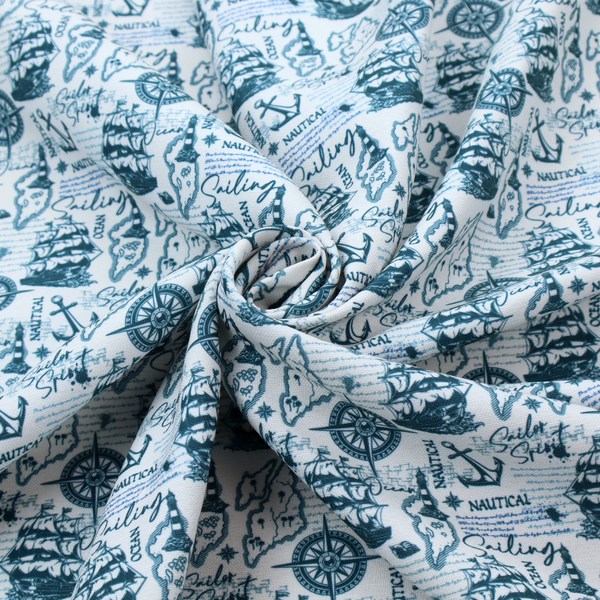 The pattern features a dense nautical collage consisting of sailing ships, maps or landmasses, compass roses, anchors, lighthouses, and cursive typography with words like "Sailing," "Ocean," "Nautical," and "Sailor Spirit."