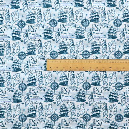 The pattern features a dense nautical collage consisting of sailing ships, maps or landmasses, compass roses, anchors, lighthouses, and cursive typography with words like "Sailing," "Ocean," "Nautical," and "Sailor Spirit."
