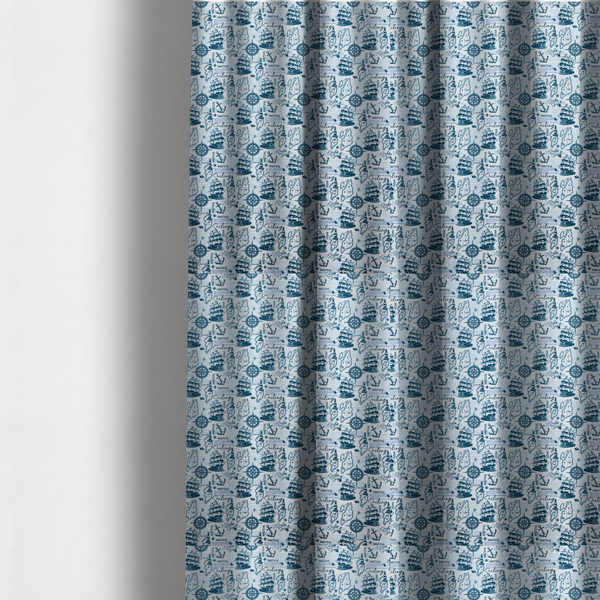 The fabric used to create these made-to-measure curtains is a  pattern features a dense nautical collage consisting of sailing ships, maps or landmasses, compass roses, anchors, lighthouses, and cursive typography with words like "Sailing," "Ocean," "Nautical," and "Sailor Spirit."