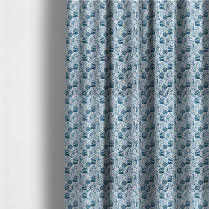 The fabric used to create these made-to-measure curtains is a  pattern features a dense nautical collage consisting of sailing ships, maps or landmasses, compass roses, anchors, lighthouses, and cursive typography with words like "Sailing," "Ocean," "Nautical," and "Sailor Spirit."