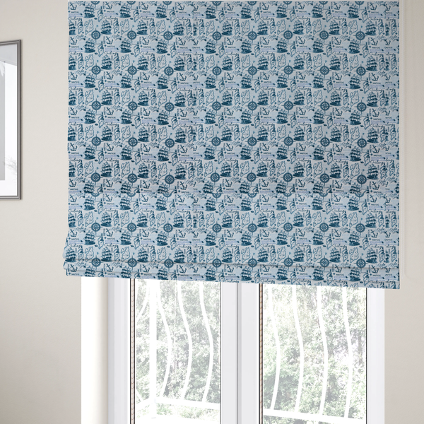 The fabric used to create these Roman blinds is a pattern features a dense nautical collage consisting of sailing ships, maps or landmasses, compass roses, anchors, lighthouses, and cursive typography with words like "Sailing," "Ocean," "Nautical," and "Sailor Spirit."