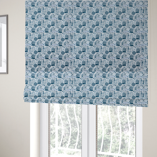 The fabric used to create these Roman blinds is a pattern features a dense nautical collage consisting of sailing ships, maps or landmasses, compass roses, anchors, lighthouses, and cursive typography with words like "Sailing," "Ocean," "Nautical," and "Sailor Spirit."