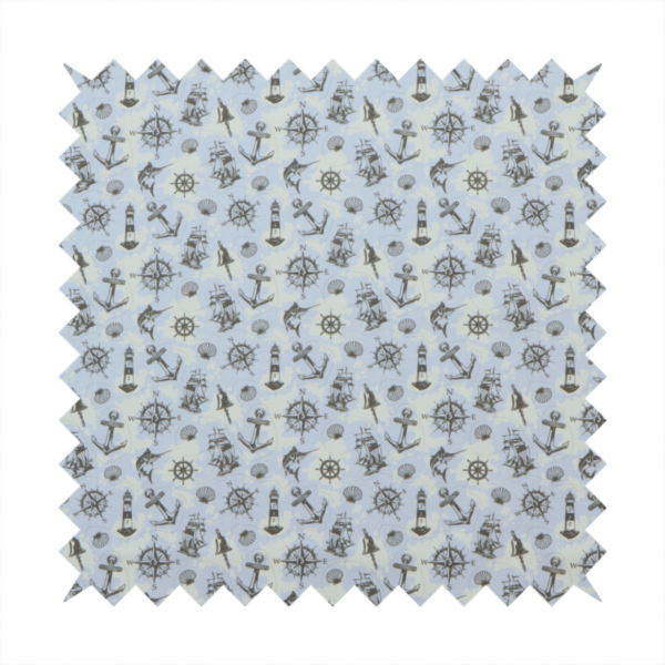 The pattern features a nautical-themed collage consisting of lighthouses, sailing ships, anchors, compasses, compass roses, seashells, ship bells, and marlin fish.