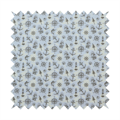 The pattern features a nautical-themed collage consisting of lighthouses, sailing ships, anchors, compasses, compass roses, seashells, ship bells, and marlin fish.