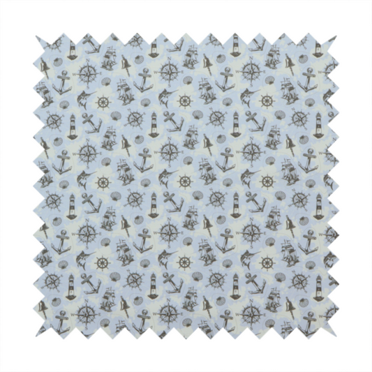 The pattern features a nautical-themed collage consisting of lighthouses, sailing ships, anchors, compasses, compass roses, seashells, ship bells, and marlin fish.