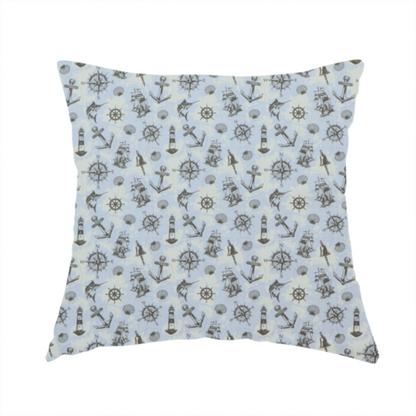 the fabric used to create this handmade cushion is a pattern features a nautical-themed collage consisting of lighthouses, sailing ships, anchors, compasses, compass roses, seashells, ship bells, and marlin fish.