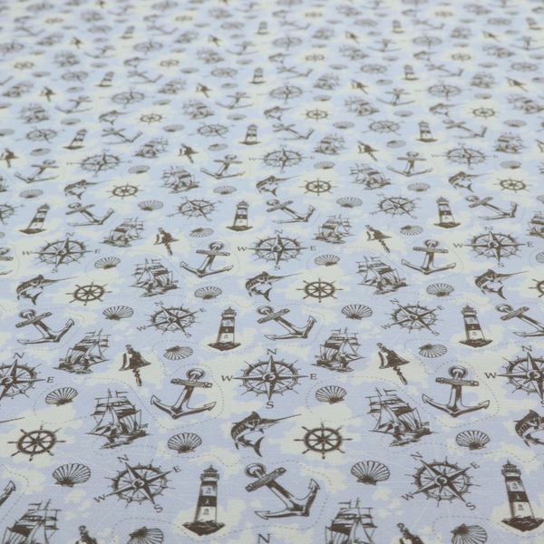 The pattern features a nautical-themed collage consisting of lighthouses, sailing ships, anchors, compasses, compass roses, seashells, ship bells, and marlin fish.