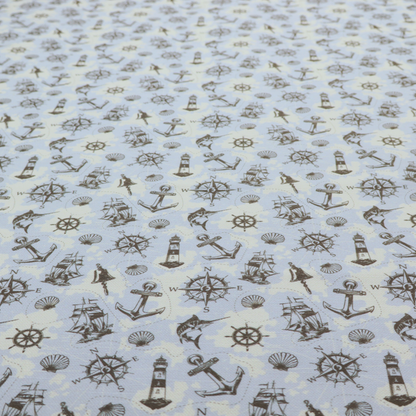 The pattern features a nautical-themed collage consisting of lighthouses, sailing ships, anchors, compasses, compass roses, seashells, ship bells, and marlin fish.
