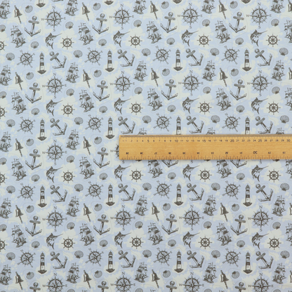 The pattern features a nautical-themed collage consisting of lighthouses, sailing ships, anchors, compasses, compass roses, seashells, ship bells, and marlin fish.