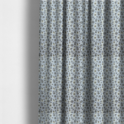 The fabric used to create these made-to-measure curtains is a pattern features a nautical-themed collage consisting of lighthouses, sailing ships, anchors, compasses, compass roses, seashells, ship bells, and marlin fish.
