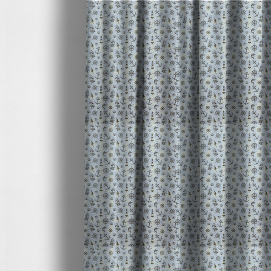 The fabric used to create these made-to-measure curtains is a pattern features a nautical-themed collage consisting of lighthouses, sailing ships, anchors, compasses, compass roses, seashells, ship bells, and marlin fish.