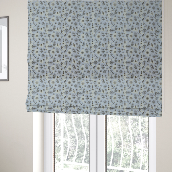 The fabric used to create these Roman blinds is a pattern features a nautical-themed collage consisting of lighthouses, sailing ships, anchors, compasses, compass roses, seashells, ship bells, and marlin fish.
