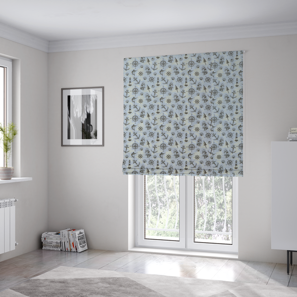 The fabric used to create these Roman blinds is a pattern features a nautical-themed collage consisting of lighthouses, sailing ships, anchors, compasses, compass roses, seashells, ship bells, and marlin fish.