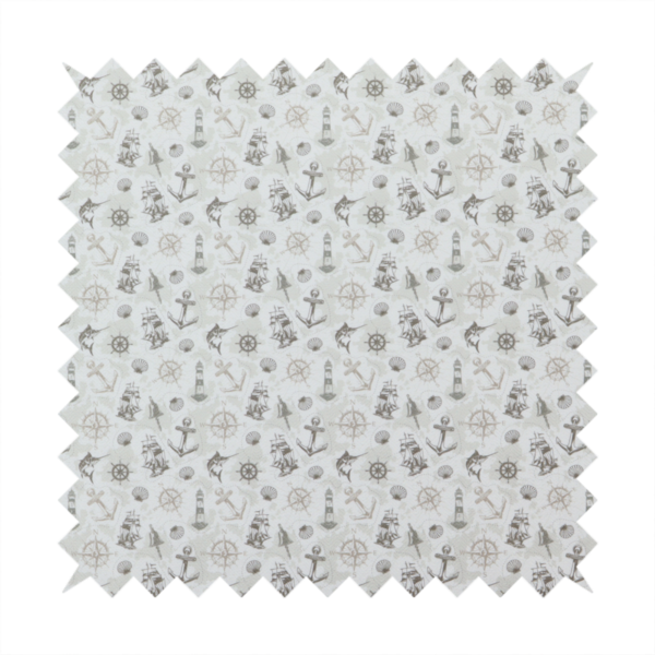 The pattern features a nautical-themed collage containing lighthouses, sailing ships, anchors, compass roses, seashells, steering wheels, ship bells, and marlin fish.