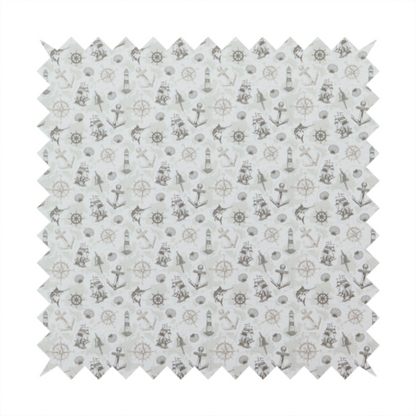 The pattern features a nautical-themed collage containing lighthouses, sailing ships, anchors, compass roses, seashells, steering wheels, ship bells, and marlin fish.