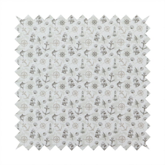 The pattern features a nautical-themed collage containing lighthouses, sailing ships, anchors, compass roses, seashells, steering wheels, ship bells, and marlin fish.