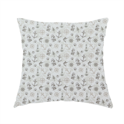 the fabric used to create this handmade cushion is a pattern features a nautical-themed collage containing lighthouses, sailing ships, anchors, compass roses, seashells, steering wheels, ship bells, and marlin fish.