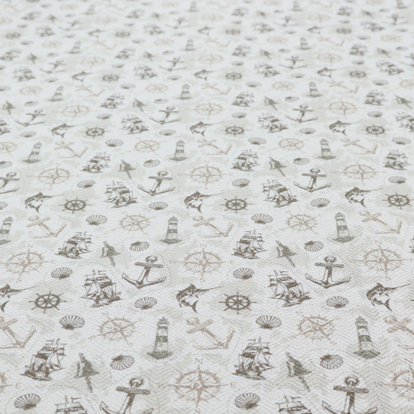 The pattern features a nautical-themed collage containing lighthouses, sailing ships, anchors, compass roses, seashells, steering wheels, ship bells, and marlin fish.