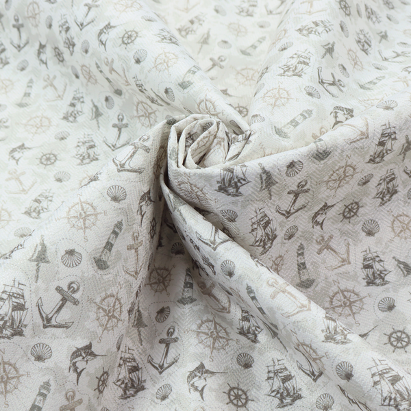 The pattern features a nautical-themed collage containing lighthouses, sailing ships, anchors, compass roses, seashells, steering wheels, ship bells, and marlin fish.