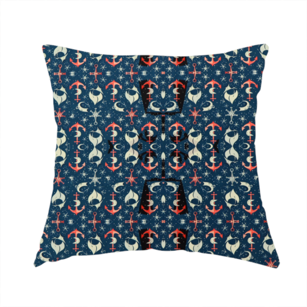 The fabric used to create this handmade cushion is a pattern features an intricate, symmetrical nautical motif including anchors, stars, crescent shapes, and ornamental crests or panels.