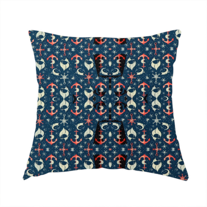 The fabric used to create this handmade cushion is a pattern features an intricate, symmetrical nautical motif including anchors, stars, crescent shapes, and ornamental crests or panels.