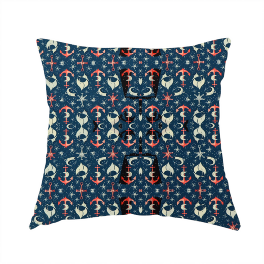 The fabric used to create this handmade cushion is a pattern features an intricate, symmetrical nautical motif including anchors, stars, crescent shapes, and ornamental crests or panels.
