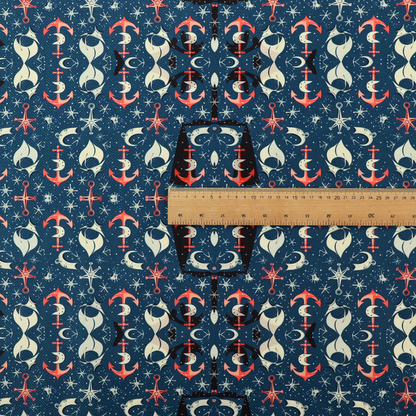 The pattern features an intricate, symmetrical nautical motif including anchors, stars, crescent shapes, and ornamental crests or panels.