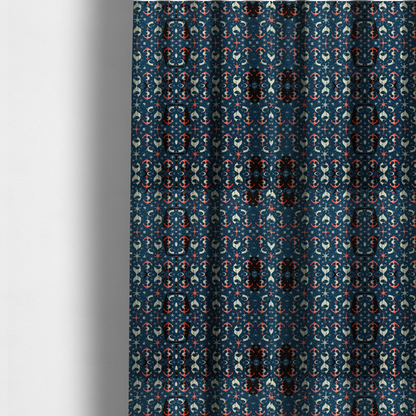 The fabric used to create these made-to-measure curtains is a pattern features an intricate, symmetrical nautical motif including anchors, stars, crescent shapes, and ornamental crests or panels.